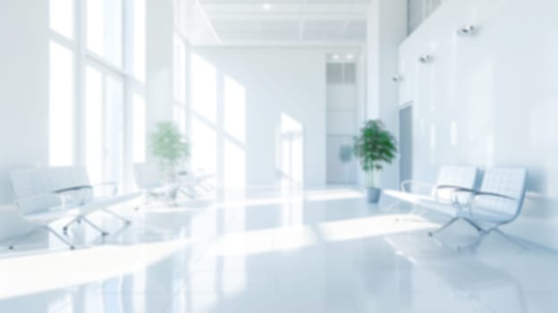 Spacious and bright white hospital lobby with seating and large windows, conveying calm and cleanliness.