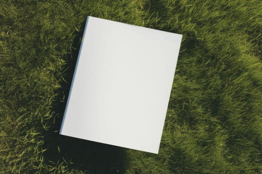 A blank white canvas or book lying on lush green grass, providing plenty of copy space.