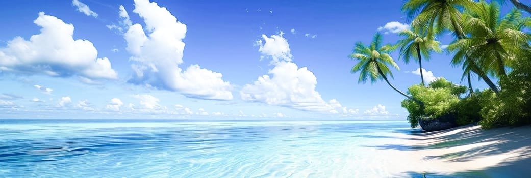 Panoramic view of a serene beach with clear blue sky, calm turquoise waters, and lush palm trees. Ideal for wide-format use with ample copy space.