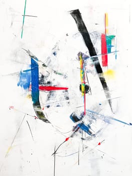 A vivid abstract painting with energetic strokes and splashes of color on a white canvas, displaying contrast and movement.