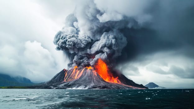 A dramatic scene of a volcanic eruption with fiery lava flows meeting the stormy sea under a tumultuous sky.