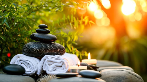 Stack of stones with towels on them and candles