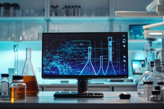 A computer monitor sitting on a desk in front of some bottles