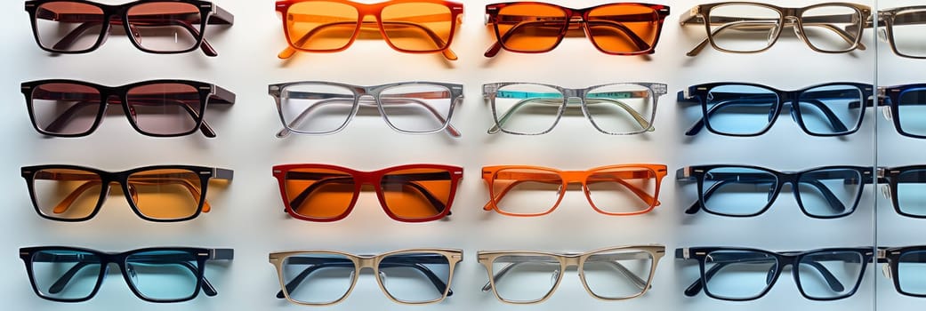 A wall of glasses with different colors and styles on display