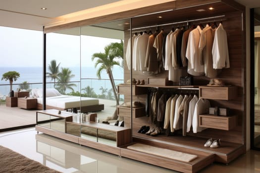 teak wood cupboard shelves with clothes professional photography