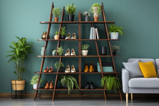 teak wood cupboard shelves with clothes professional photography