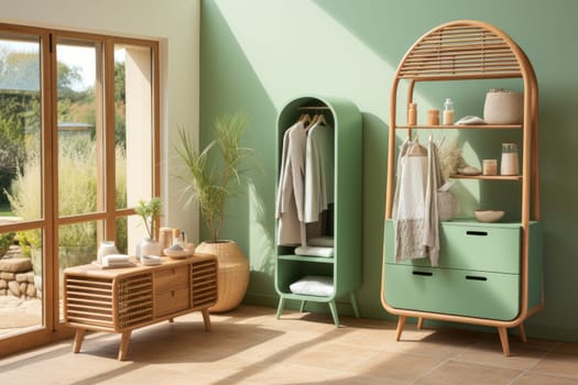 teak wood cupboard shelves with clothes professional photography