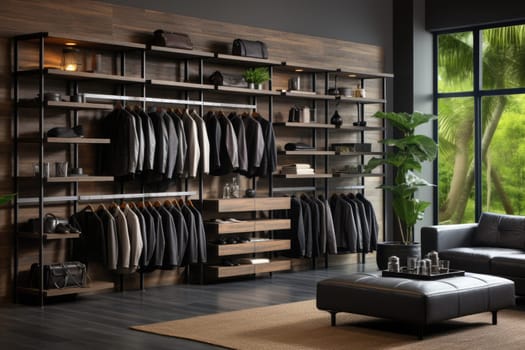 teak wood cupboard shelves with clothes professional photography