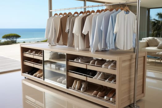 teak wood cupboard shelves with clothes professional photography