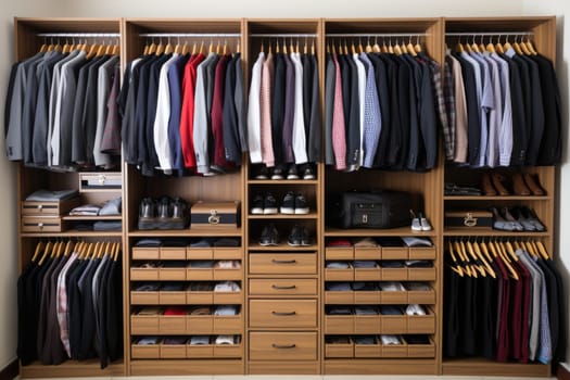 teak wood cupboard shelves with clothes professional photography