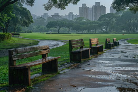 Lush city park with park benches and city skyline bicycles as background professional photography