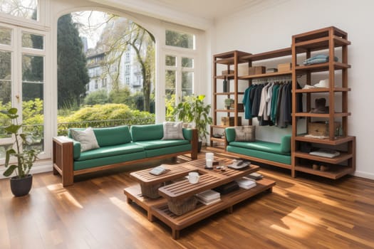 teak wood cupboard shelves with clothes professional photography