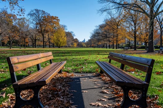 Lush city park with park benches and city skyline bicycles as background professional photography