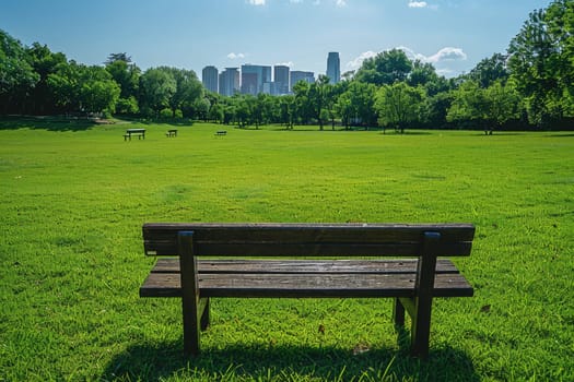 Lush city park with park benches and city skyline bicycles as background professional photography