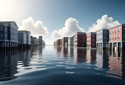 AI generated of a flooded street with buildings in the water