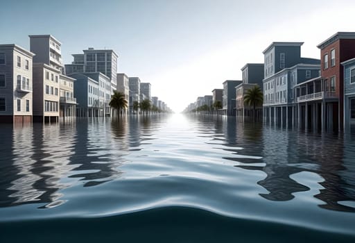 AI generated of a flooded street with buildings and water