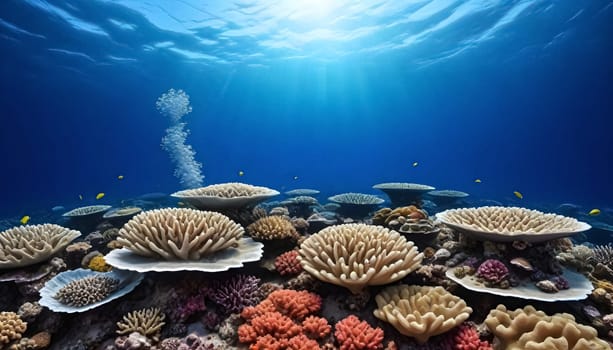 AI generated of a coral reef with a blue ocean and corals under the surface
