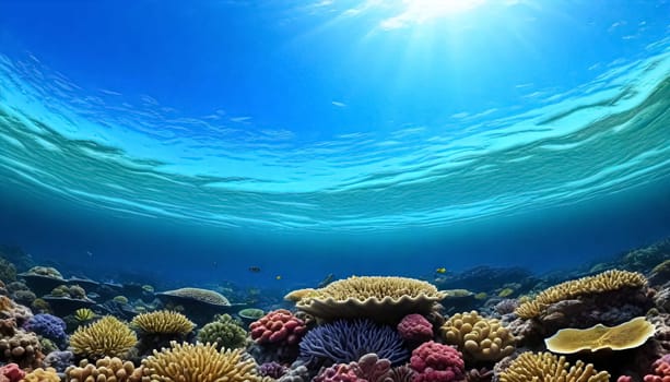 AI generated of a coral reef with a sunburst of light above it