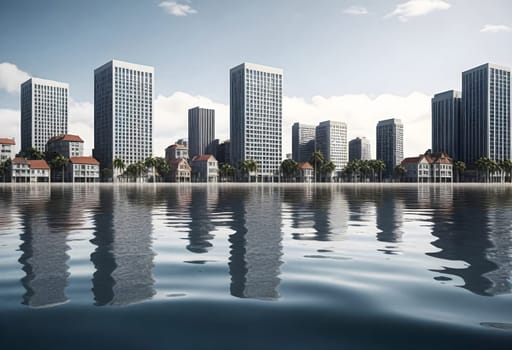 AI generated of a city flooded by the water with a reflection of the city in the water