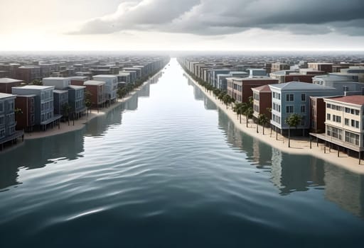 AI generated of a river runs through a city with buildings on both sides