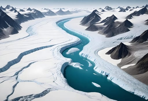 AI generated of a glacier with a blue river and mountains in the background