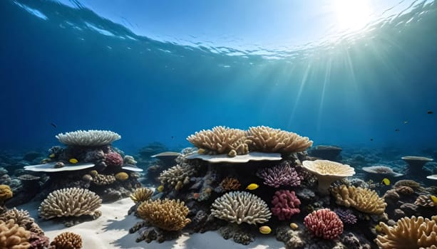 AI generated of group of corals are under a blue water background