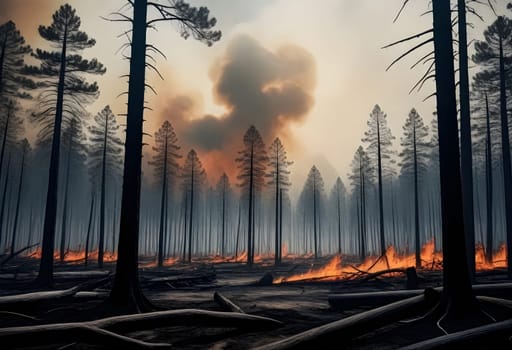AI generated of a picture of a forest with a fire burning in the background