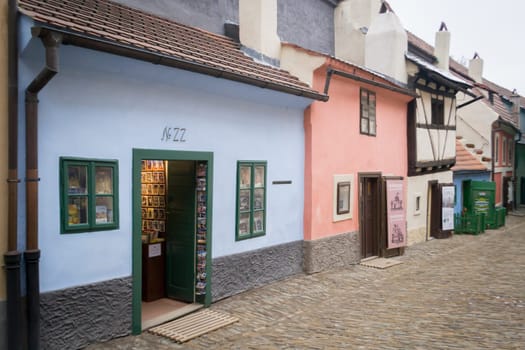 Prague, Czech Republic, February 16 2014: View on the Franz Kafka House, number 22 ont Golden Lane in Prague, Czech Republic