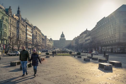 Prague, Czech Republic, February 16th 2014: People strolling by on the Wenceslas Square in Prague, Czech Republic
