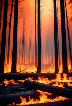 AI generated of a forest with a wild fire burning the forest in the background