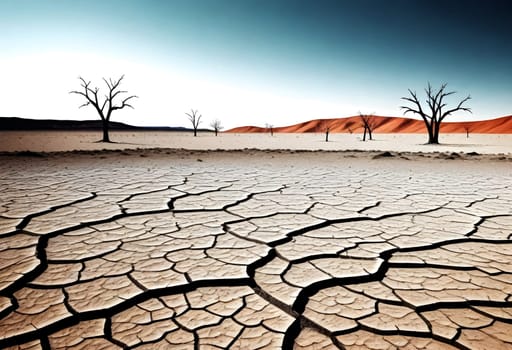 AI generated of a desert landscape with dead trees and desert in the background