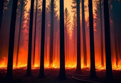 AI generated of a forest with wild fire burning down the forest background