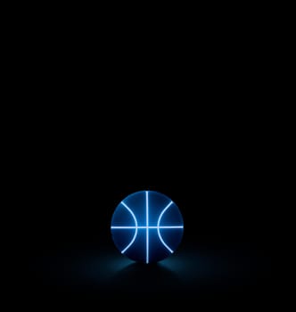 A black basketball ball has bright blue glowing neon lines on a black background.