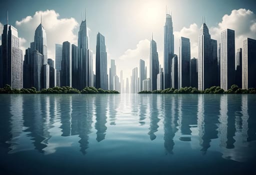 AI generated of a city skyline with a high rising water flood