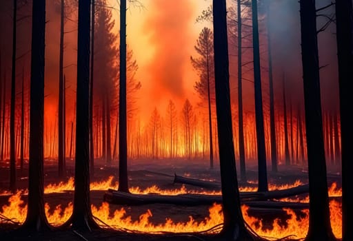 AI generated of a fire burning in a forest with trees in the background