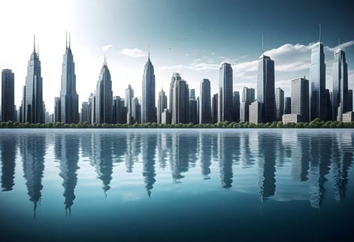 AI generated of a city skyline with a reflection of a city in the water