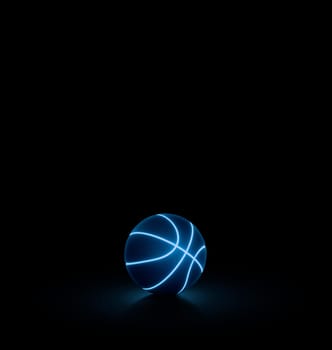 A black basketball ball has bright blue glowing neon lines on a black background.