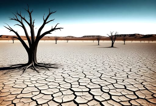 AI generated of a dry desert with dead trees and a blue sky