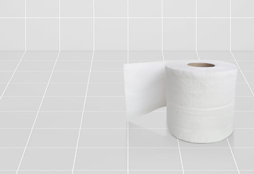 Toilet paper in white ceramic tile room