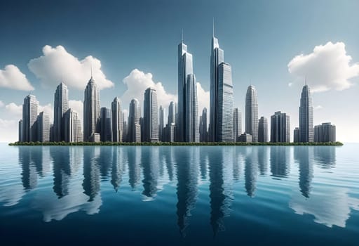AI generated of a city skyline with a water high rising flood on the background