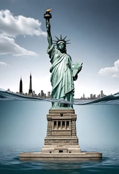 AI generated of a statue of liberty is sinking in the high raised water