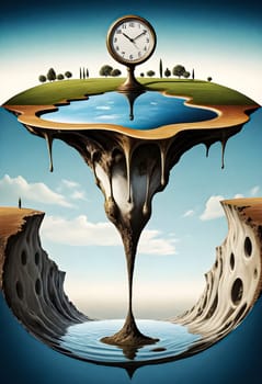 AI generated of a picture of a tree with a blue sky and a small island in the middle, with dripping fluids