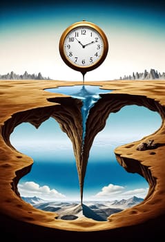 AI generated of photo composition of a clock with the melted ice water dropping global warming concept