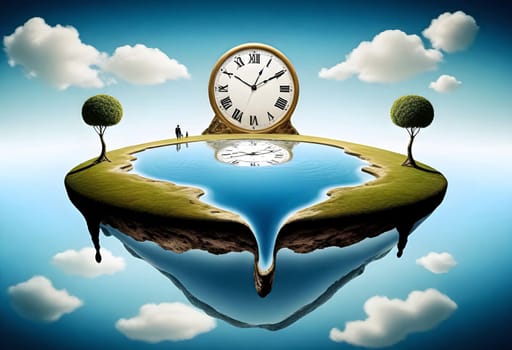 AI generated of a clock that is above a water with trees and clouds, global warming concepts