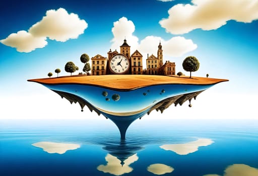 AI generated of a photo composition of a building with a clock on the top of it, global warming concept