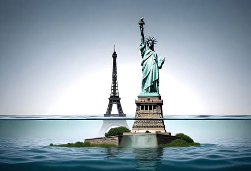 AI generated of the statue of liberty is drowning in the water