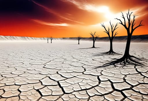 AI generated of a sunset sky on the background with dead trees and dry lake