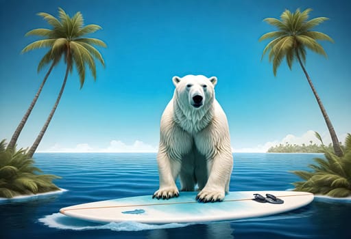 AI generated of a polar bear is standing on a surfboard with palm trees in the background