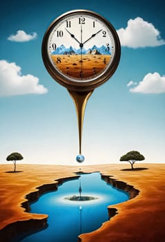 AI generated of a clock with dropping fluid it is above a puddle of water, global warming concept