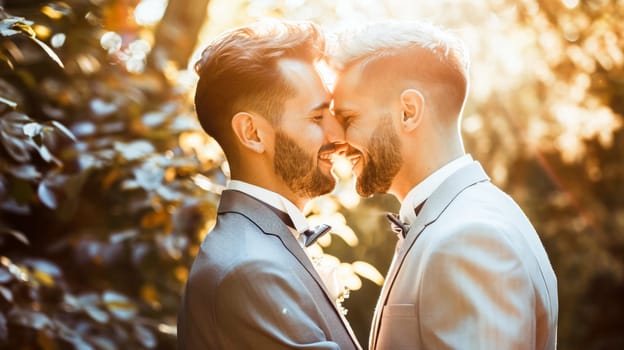 Two men in suits kissing each other on the cheek